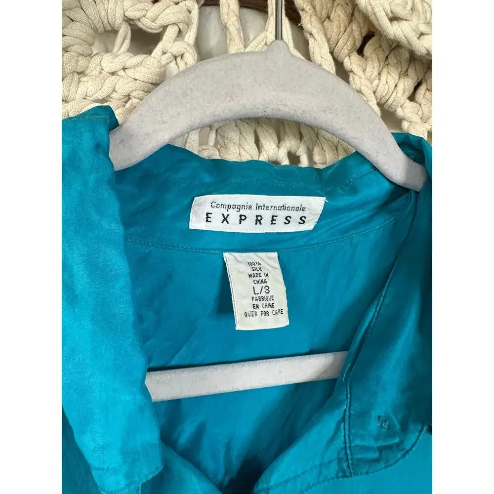Express Vintage 90s Oversized Silk Button Up Turquoise Blue Shirt Size Large
